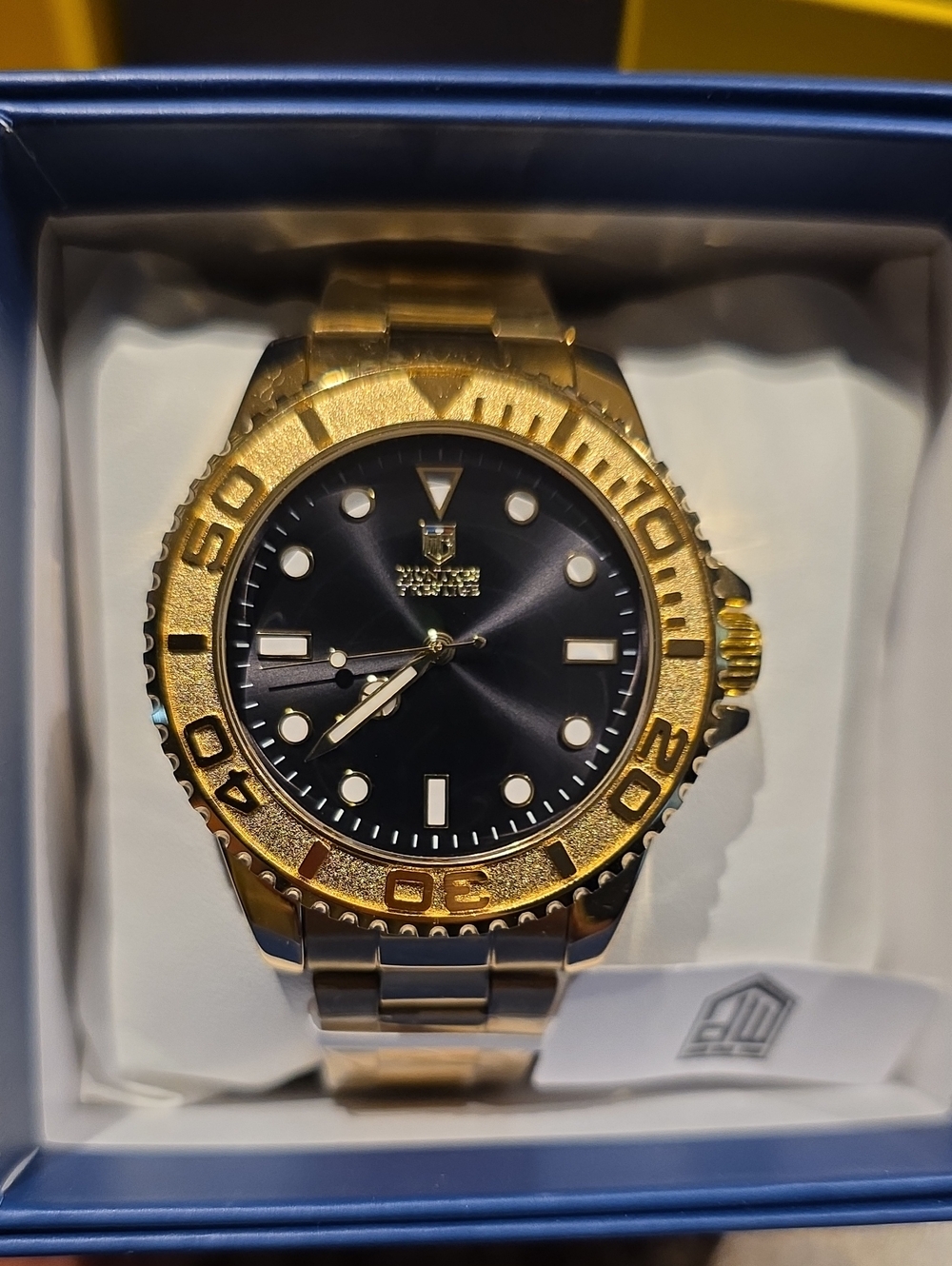 Montres Prestige Gold Tone Dive-Style Watch with Black Dial